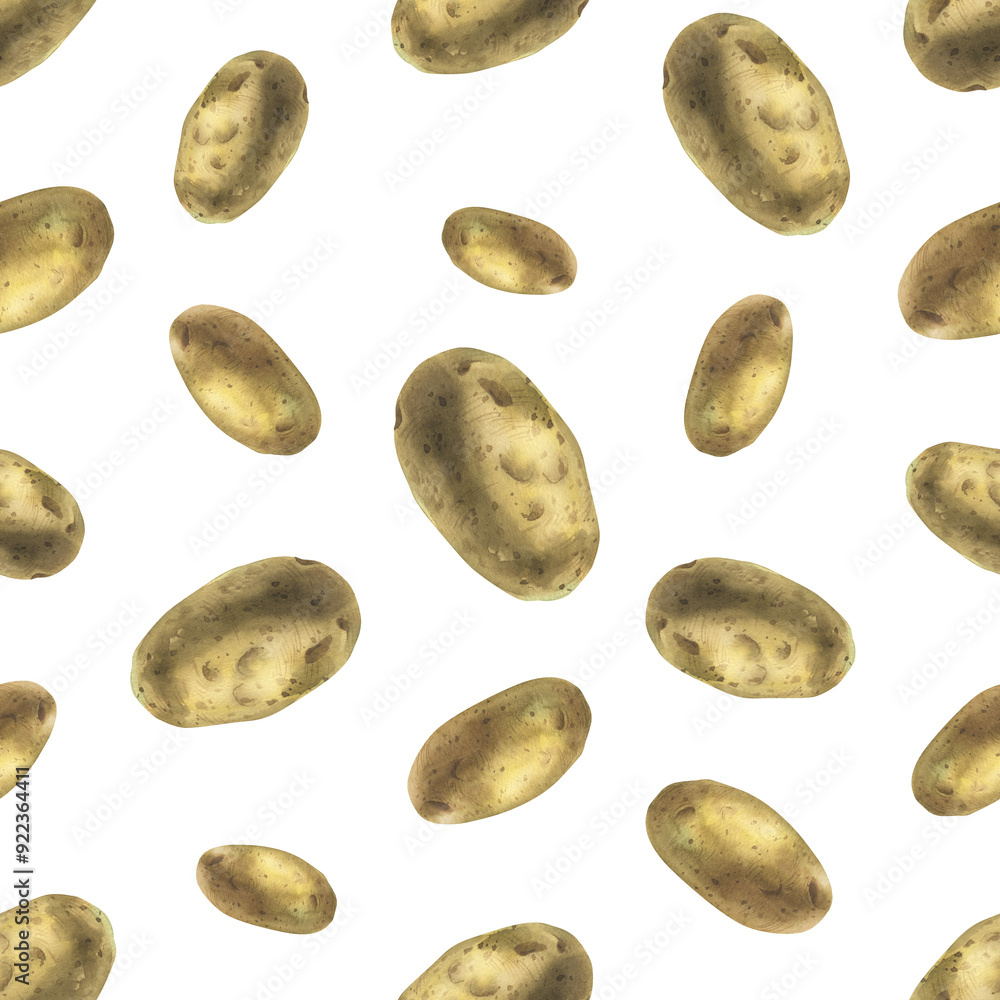 Obraz premium Whole tuber of white potatoes with brown skin. Watercolor illustration, hand drawn on the theme of harvest, cooking, food, packaging, vegetable shop design. Seamless simple pattern