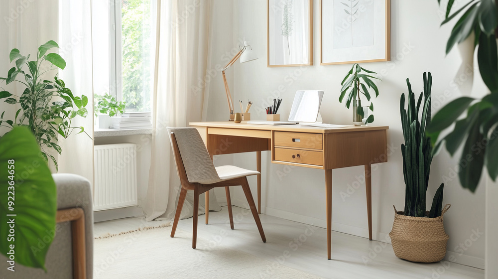 A home office with a clean-lined wooden desk, white walls, and minimal decor , interior design, scandinavian A home office with a clean-lined wooden desk, white walls, and minimal decor , interior design, scandinavian