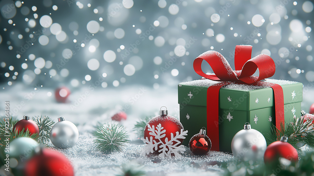Christmas background with green gift box red ribbon, white snowflakes and red ornaments on the bottom, creating an elegant festive atmosphere. Christmas background with green gift box red ribbon, white snowflakes and red ornaments on the bottom, creating an elegant festive atmosphere.