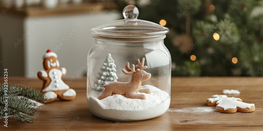 A transparent jar features a snowy setting with a reindeer figurine, gingerbread cookies, and festive decor. A transparent jar features a snowy setting with a reindeer figurine, gingerbread cookies, and festive decor.