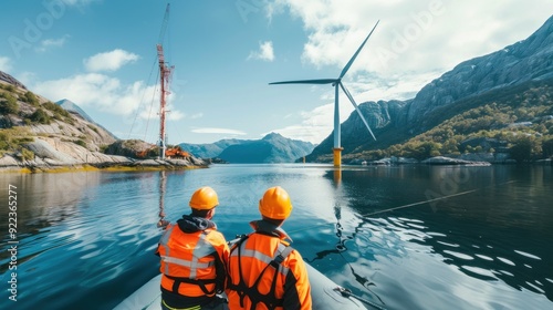 Engineers on a boat inspecting a floating wind turbine