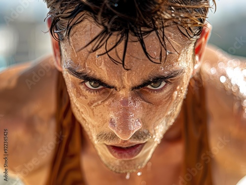 Closeup of a runners determined face, sweat glistening under a bright sun, intense focus in the eyes, with a blurred cityscape background, shot in high contrast, cinematic detail photo