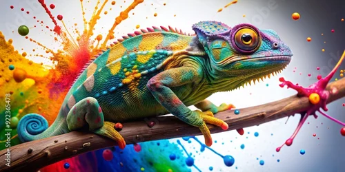 Obraz Vibrant chameleon perched on a dynamic splash of paint, blending artistic creativity with nature's mastery of color adaptation, symbolizing innovative thinking and artistic expression.