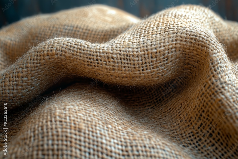 Close-up of textured burlap fabric draped softly on a wooden surface in natural light Close-up of textured burlap fabric draped softly on a wooden surface in natural light