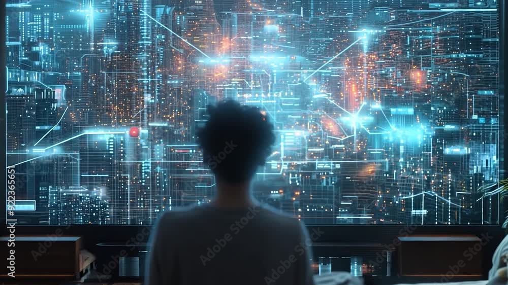 A person examines a vibrant holographic display of data and city maps in a stylish living room illuminated by ambient lighting. A person examines a vibrant holographic display of data and city maps in a stylish living room illuminated by ambient lighting.