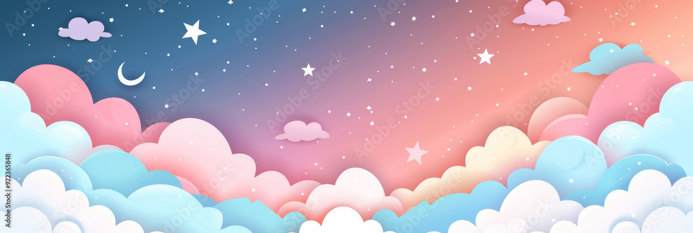 Cartoonish Sky Pattern with Clouds and Stars, Baby Wallpaper. Cute Background Cartoonish Sky Pattern with Clouds and Stars, Baby Wallpaper. Cute Background