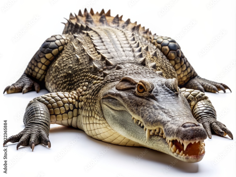 Obraz premium Close up of large crocodile that lay down on floor and look up isolated on clean png background, reptile animal concept