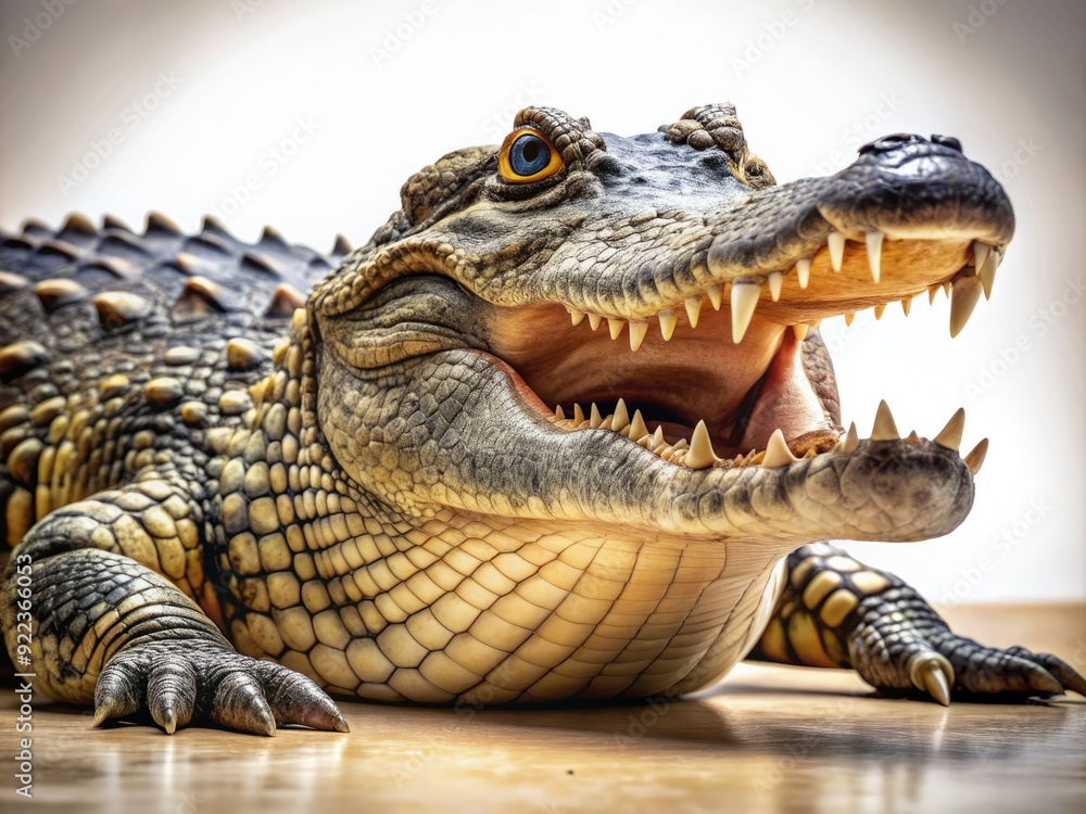 Obraz premium Large predatory crocodile rests on floor, gazing upwards with piercing eyes, scaly skin and sharp teeth on display, against a clean transparent background.