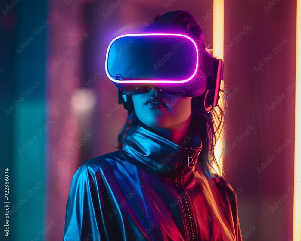 A person wearing a vibrant VR headset, immersed in a futuristic neon-lit environment, capturing the essence of virtual reality. A person wearing a vibrant VR headset, immersed in a futuristic neon-lit environment, capturing the essence of virtual reality.