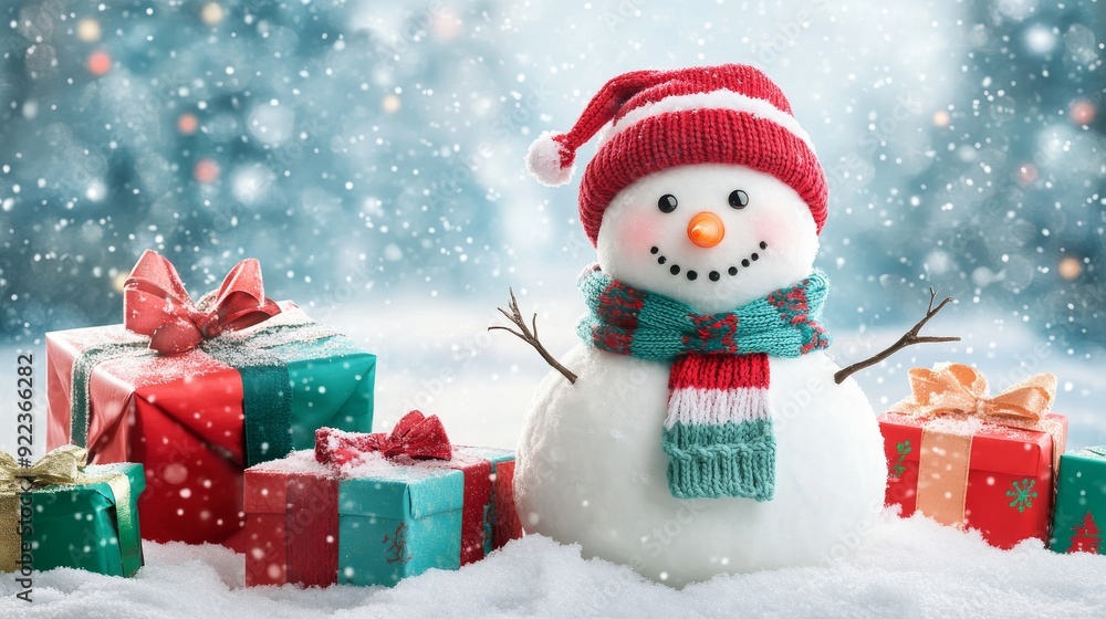 Snowman wearing a scarf and hat surrounded by christmas presents in a snowy landscape Snowman wearing a scarf and hat surrounded by christmas presents in a snowy landscape