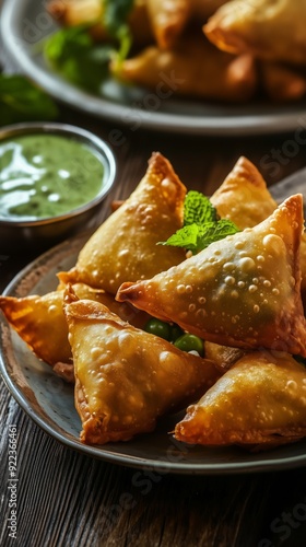 A plate of golden, crispy samosas sits on a wooden table, accompanied by a small bowl of vibrant green chutney.