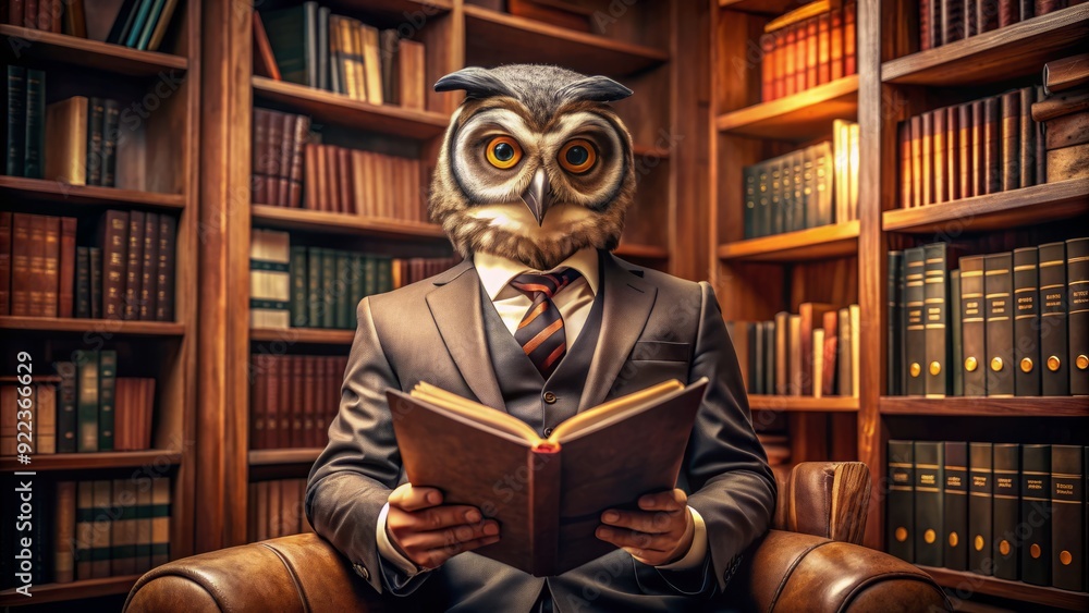 A bespectacled owl in a tailored suit sits surrounded by vibrant bookshelves, engrossed in a leather-bound tome, basking in warm, digitally enhanced lighting. A bespectacled owl in a tailored suit sits surrounded by vibrant bookshelves, engrossed in a leather-bound tome, basking in warm, digitally enhanced lighting.