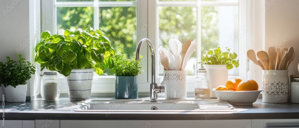 Kitchen Window with Plants, Utensils, and Oranges Kitchen Window with Plants, Utensils, and Oranges