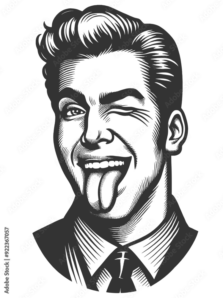 man in a suit, playfully winking and sticking his tongue out, humorous moment sketch engraving generative ai fictional character vector illustration. Scratch board imitation. Black and white image. man in a suit, playfully winking and sticking his tongue out, humorous moment sketch engraving generative ai fictional character vector illustration. Scratch board imitation. Black and white image.