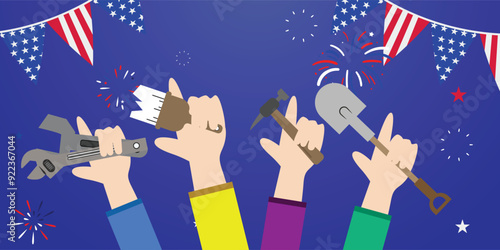 Vector banner labor day celebration hand holding tools