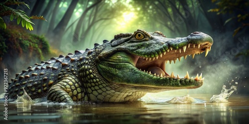 A menacing green crocodile with razor-sharp teeth and scaly skin peers out of murky swamp water, its powerful jaws wide open in a threatening pose.