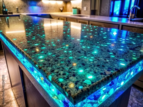 Glossy polished concrete countertop reflects light, showcasing intricate stone chips and aggregate, illuminated with an intense blacklight effect, highlighting its luxurious texture. photo