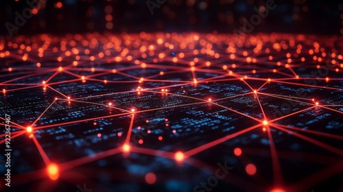 An abstract visualization of a glowing network with red nodes and lines, representing a cyber security concept against a digital matrix background.