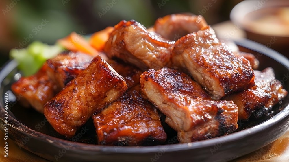 Juicy Grilled Pork Ribs on Rustic Plate with Savory Barbecue Sauce Juicy Grilled Pork Ribs on Rustic Plate with Savory Barbecue Sauce
