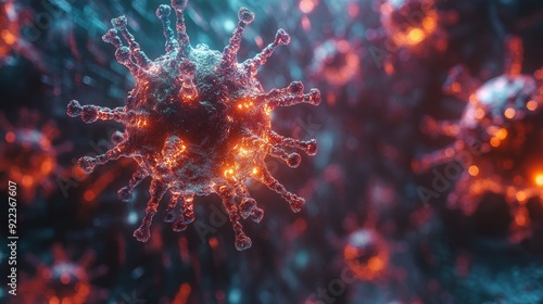 Visualization of a digital virus with glowing nodes representing data infiltrations.