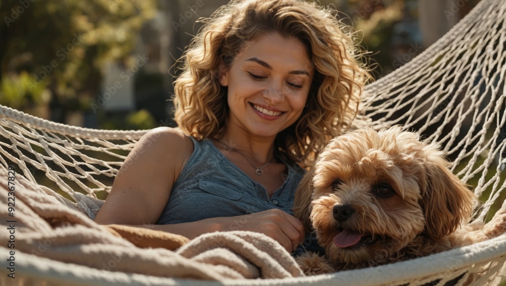 Woman relaxing in hammock petting dog Woman relaxing in hammock petting dog