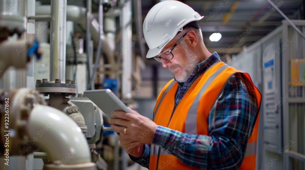 Technology in manufacturing: engineers using tablet to access digital production data Technology in manufacturing: engineers using tablet to access digital production data