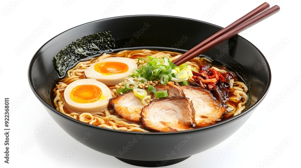 Steaming Hot Japanese Ramen Noodles in a Black Bowl with Pork,Egg and Vegetables Steaming Hot Japanese Ramen Noodles in a Black Bowl with Pork,Egg and Vegetables
