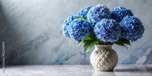 Fototapeta Naklejka Na Ścianę i Meble -  Classic marble vase with voluminous blue hydrangeas timeless elegance, marble, vase, hydrangeas, blue, flowers