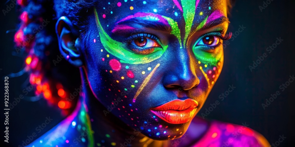 Close-up portrait of African woman with vibrant neon face paint under blacklight Close-up portrait of African woman with vibrant neon face paint under blacklight