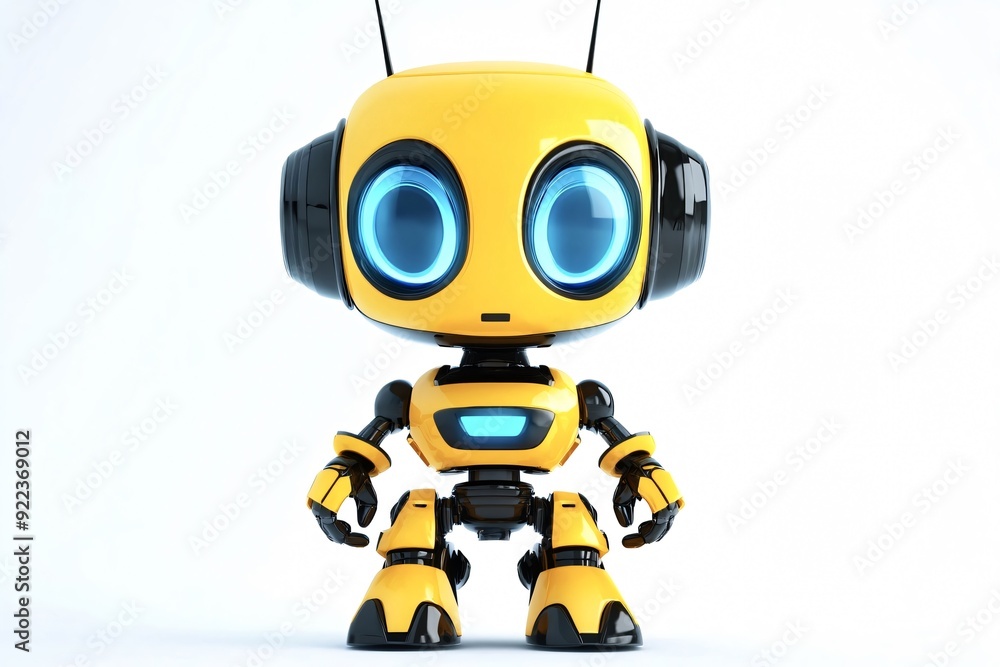Yellow toy robot standing on white background looking forward Yellow toy robot standing on white background looking forward
