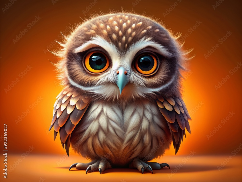 Fototapeta premium Adorable baby owl in trendy outfit, perched confidently on vibrant orange background, showcasing soft feathers and big round eyes in stunning high-resolution detail.