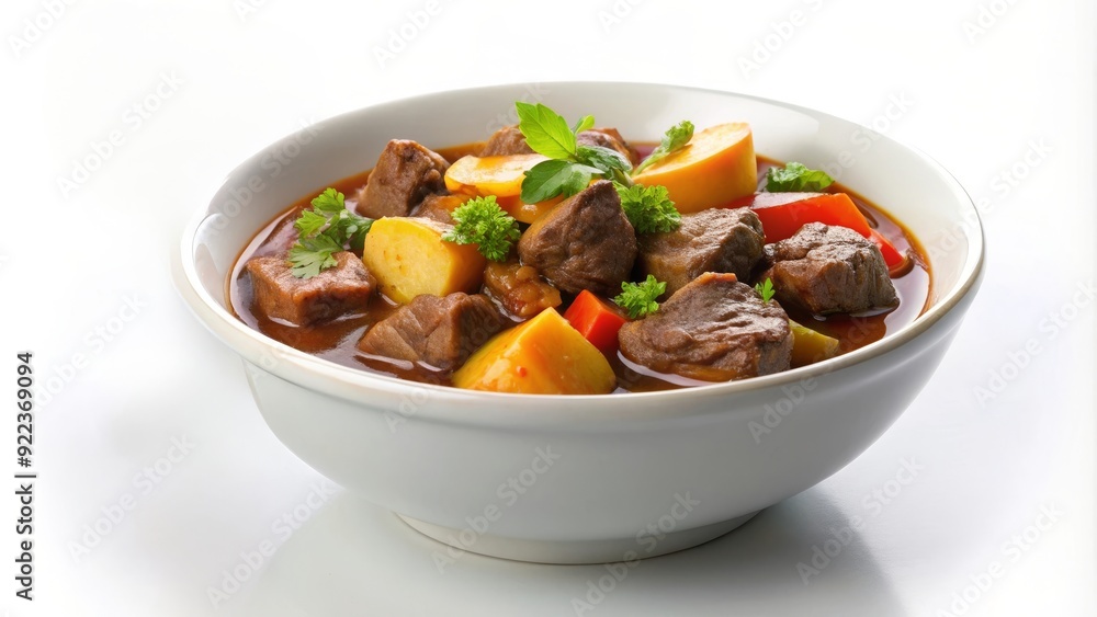Estofado de carne con papas y zanahorias, servido en un tazón blanco sobre fondo claro, decorado con perejil fresco. Estofado de carne con papas y zanahorias, servido en un tazón blanco sobre fondo claro, decorado con perejil fresco.