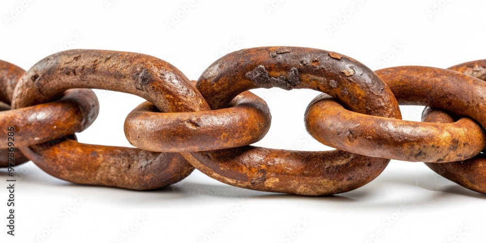 Rusty old chain with visible corrosion and worn links lies curled and twisted, isolated against a clean white background, evoking nostalgia and decay. Rusty old chain with visible corrosion and worn links lies curled and twisted, isolated against a clean white background, evoking nostalgia and decay.