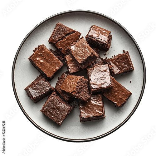 Plate with pieces of delicious chocolate brownie isolated on transparent or white background