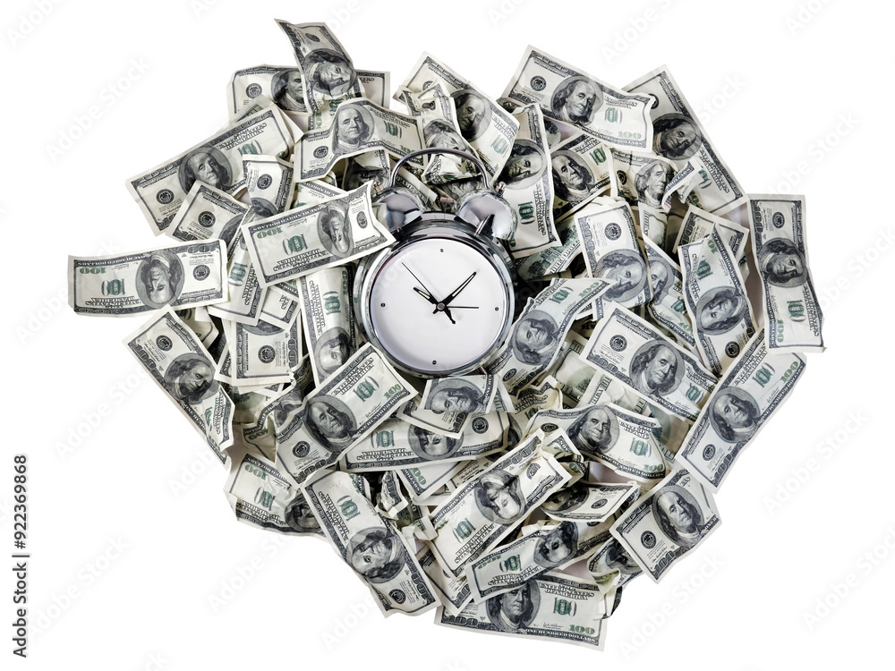 Many crumpled American $100 bills and a metal alarm clock. Conceptual image. Many crumpled American $100 bills and a metal alarm clock. Conceptual image.