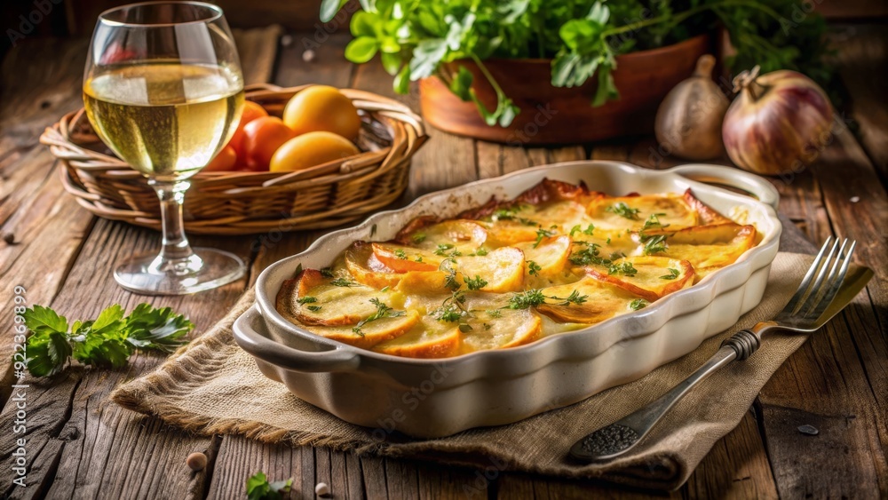 Gratinado de tubérculos en una bandeja sobre una mesa de madera, con vino blanco y ingredientes frescos al fondo. Gratinado de tubérculos en una bandeja sobre una mesa de madera, con vino blanco y ingredientes frescos al fondo.
