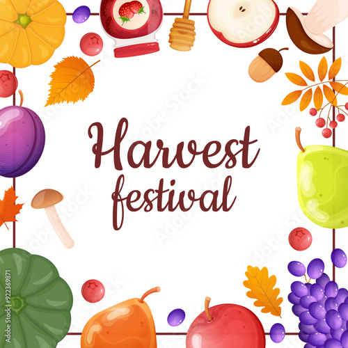 Harvest festival card. Autumn frame with fruits and vegetables.