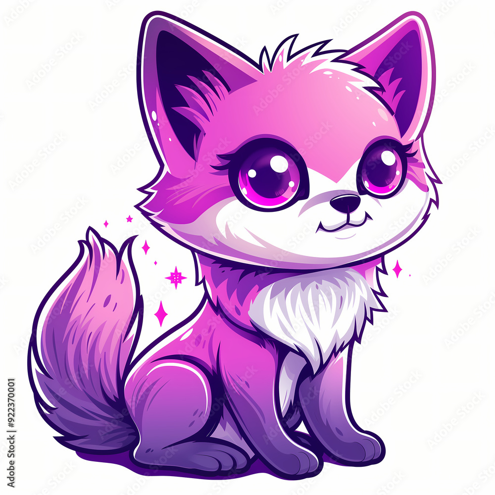 Cute Purple Fox in Anime Style, Sticker and Kawaii Cute Purple Fox in Anime Style, Sticker and Kawaii