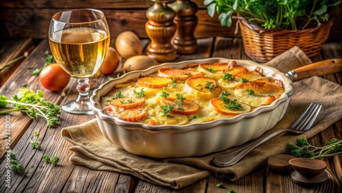 Gratinado de tubérculos en una bandeja, acompañado de un vaso de vino y hierbas frescas en una mesa de madera.