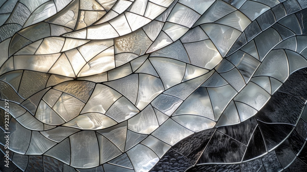 Obraz premium Stained glass design with swirling patterns in shades of gray and silver