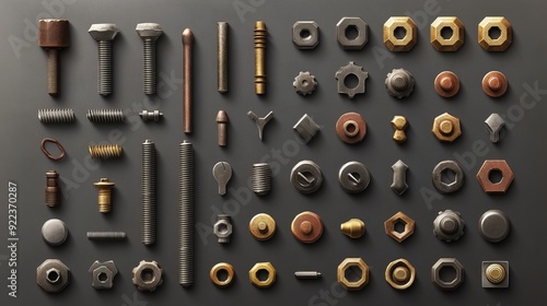 A set of realistic 3D vector icons showing the top view of old screw and nail heads, steel bolts, and rusty rivets, with a variety of round and hexagon brass caps included