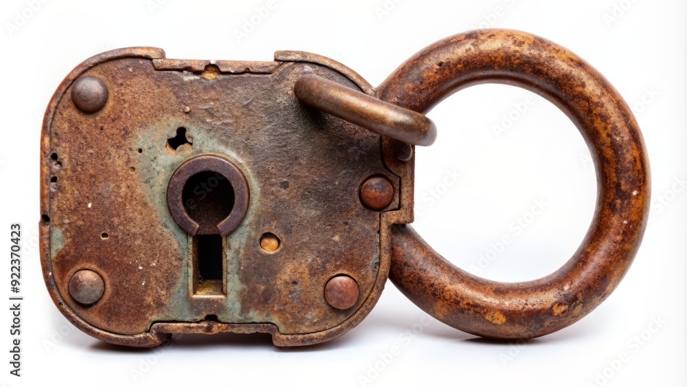 Rusty old padlock with intricate keyhole detail on white background, perfect for illustrating security concepts, locking mechanisms, or vintage nostalgic themes. Rusty old padlock with intricate keyhole detail on white background, perfect for illustrating security concepts, locking mechanisms, or vintage nostalgic themes.