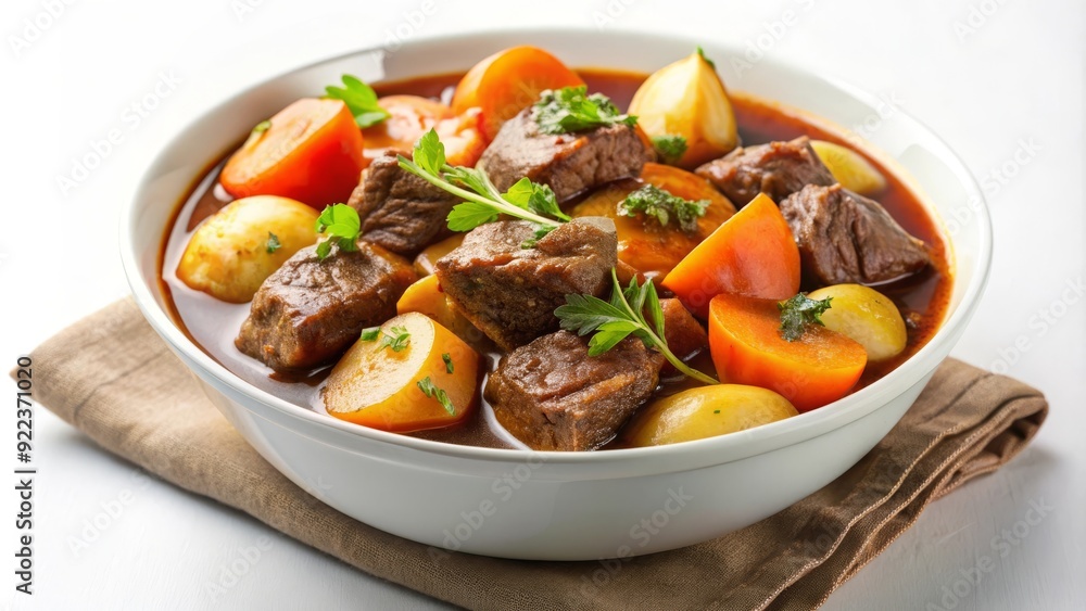 Estofado de carne con patatas y zanahorias en un plato blanco sobre una servilleta marrón. Estofado de carne con patatas y zanahorias en un plato blanco sobre una servilleta marrón.