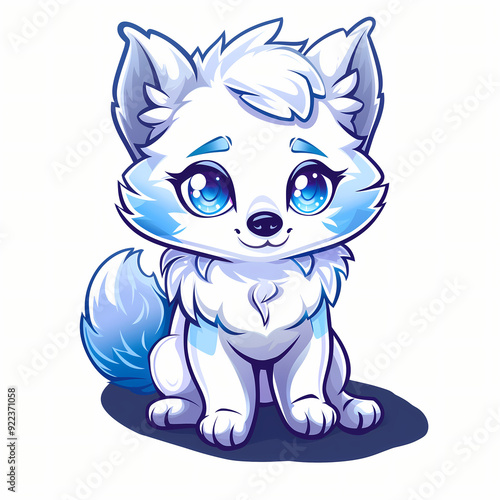 Cute Chibi White and Blue Wolf in Anime Style, Sticker and Kawaii photo