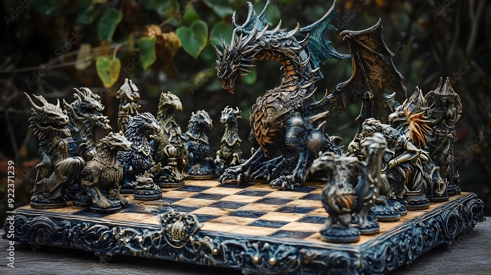 Fototapeta premium Fantasy-Inspired Mythical Chess Set on Intricate Designed Board