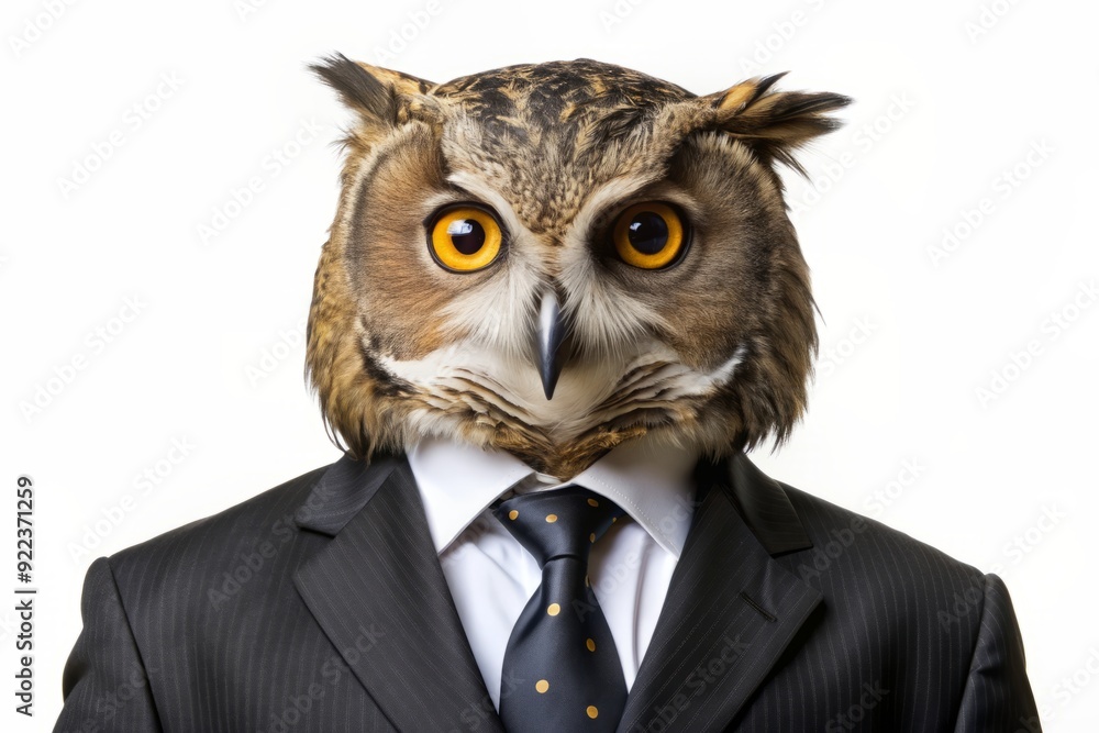 Wise owl in formal attire, wearing a suit and tie, perched on a plain white background with ample empty space for text on the right. Wise owl in formal attire, wearing a suit and tie, perched on a plain white background with ample empty space for text on the right.