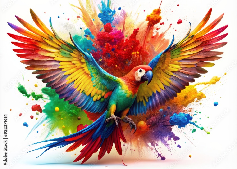 Fototapeta premium Vibrant parrot bursts from a dynamic splash of colorful paint, wings spread wide, symbolizing unleashed creativity, inspiration, and artistic expression in a whimsical, abstract scene.