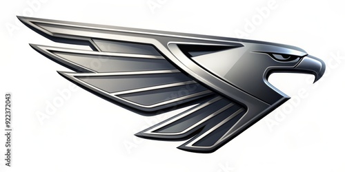 Sleek falcon emblem soars in motion, angular wings sliced sharply backward, conveying dynamic speed and agility in a stylized, high-contrast, metallic grey design. photo