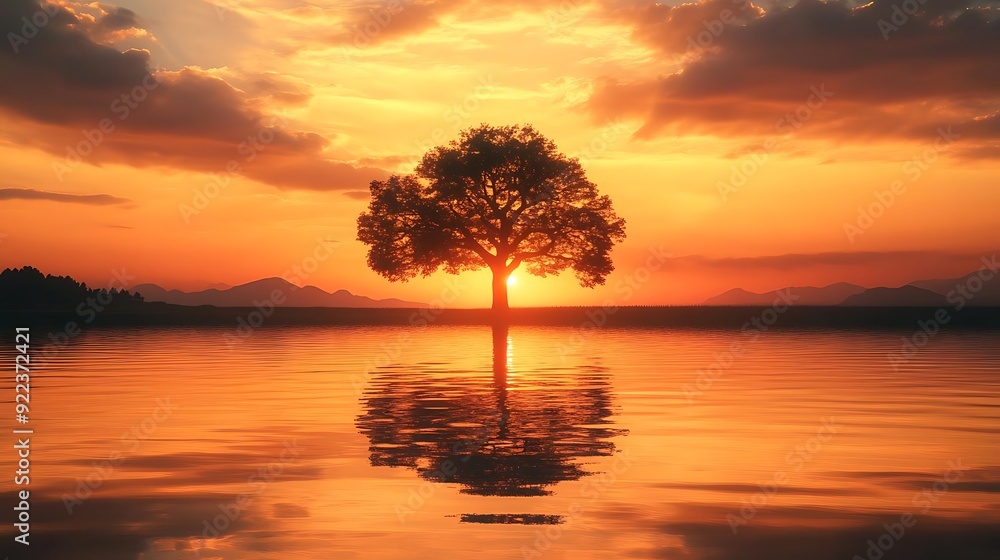 Silhouette of a Tree Against a Sunset Over Water - Illustration Silhouette of a Tree Against a Sunset Over Water - Illustration