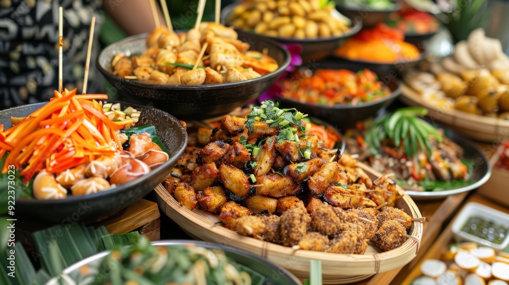 Festive outdoor market with cultural foods from around the world, traditional drinks, and lively entertainment creating a vibrant atmosphere Festive outdoor market with cultural foods from around the world, traditional drinks, and lively entertainment creating a vibrant atmosphere